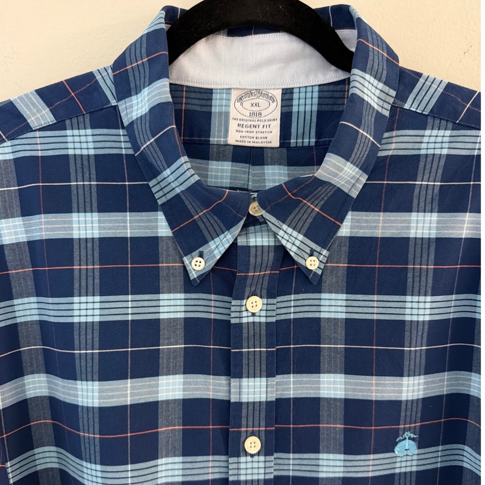 Brooks Brothers 1818 Regent Fit Plaid Button Down Shirt Mens XXL Blue Non-Iron